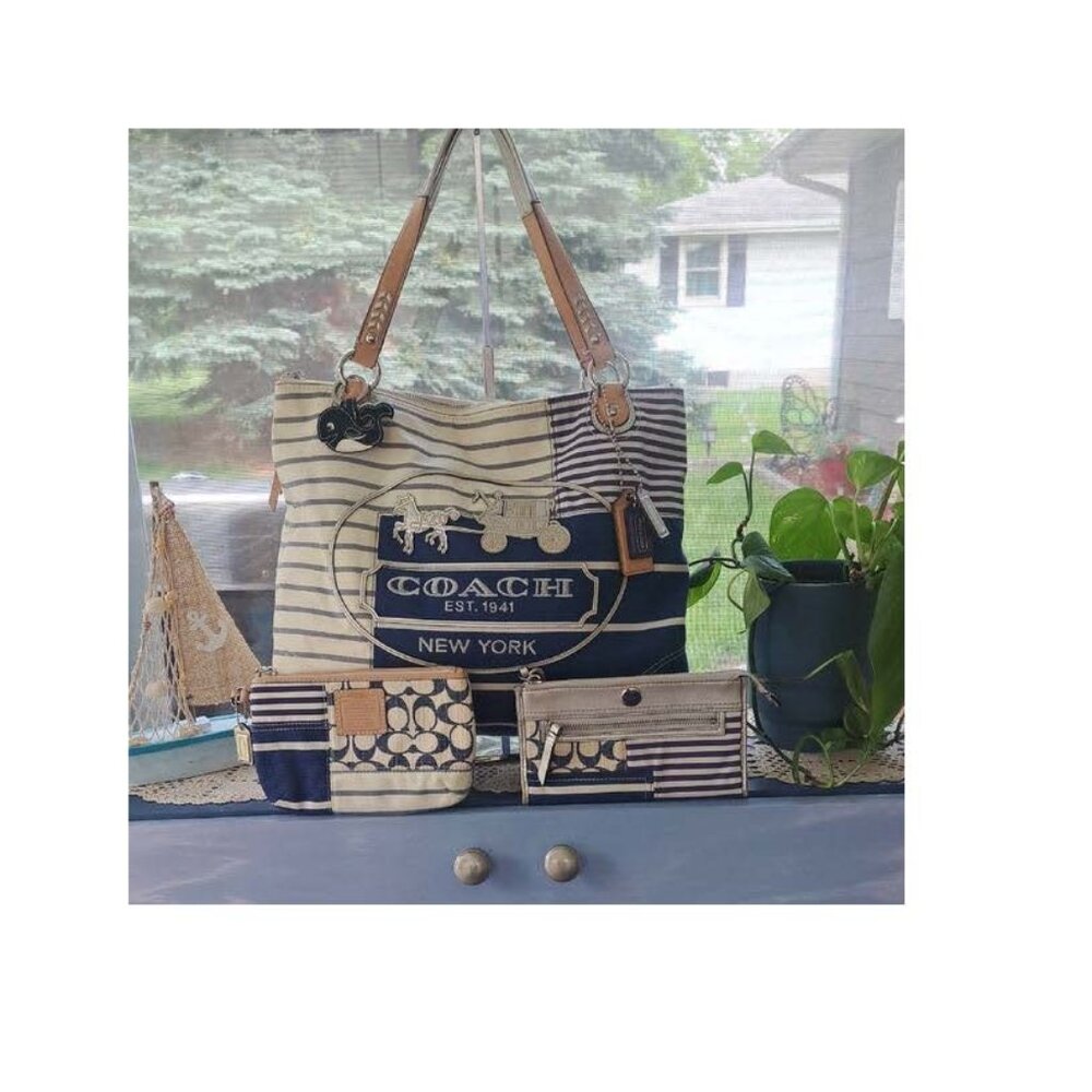 COACH Navy and Cream Signature Stripe Canvas Tote with Matching Wallets